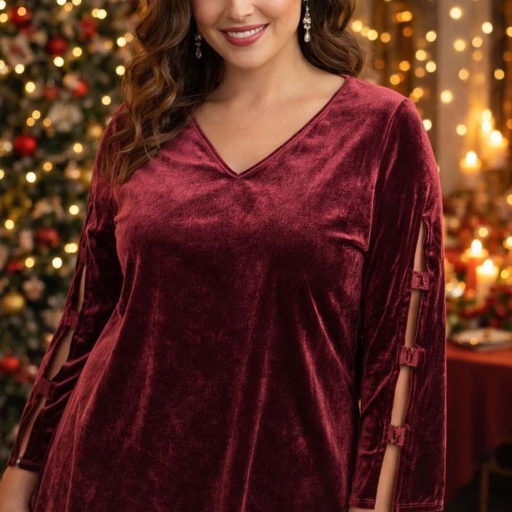 Susan Graver Velvet Velour Bell Sleeve V‎ Neck Tunic Top Burgundy 1X